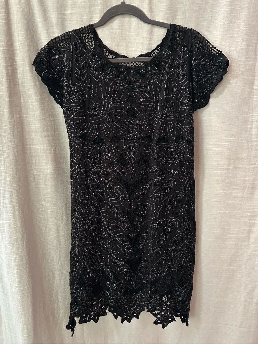 Pirate Booty for Free People Black Floral Lace Overlay Short Sleeve Dress